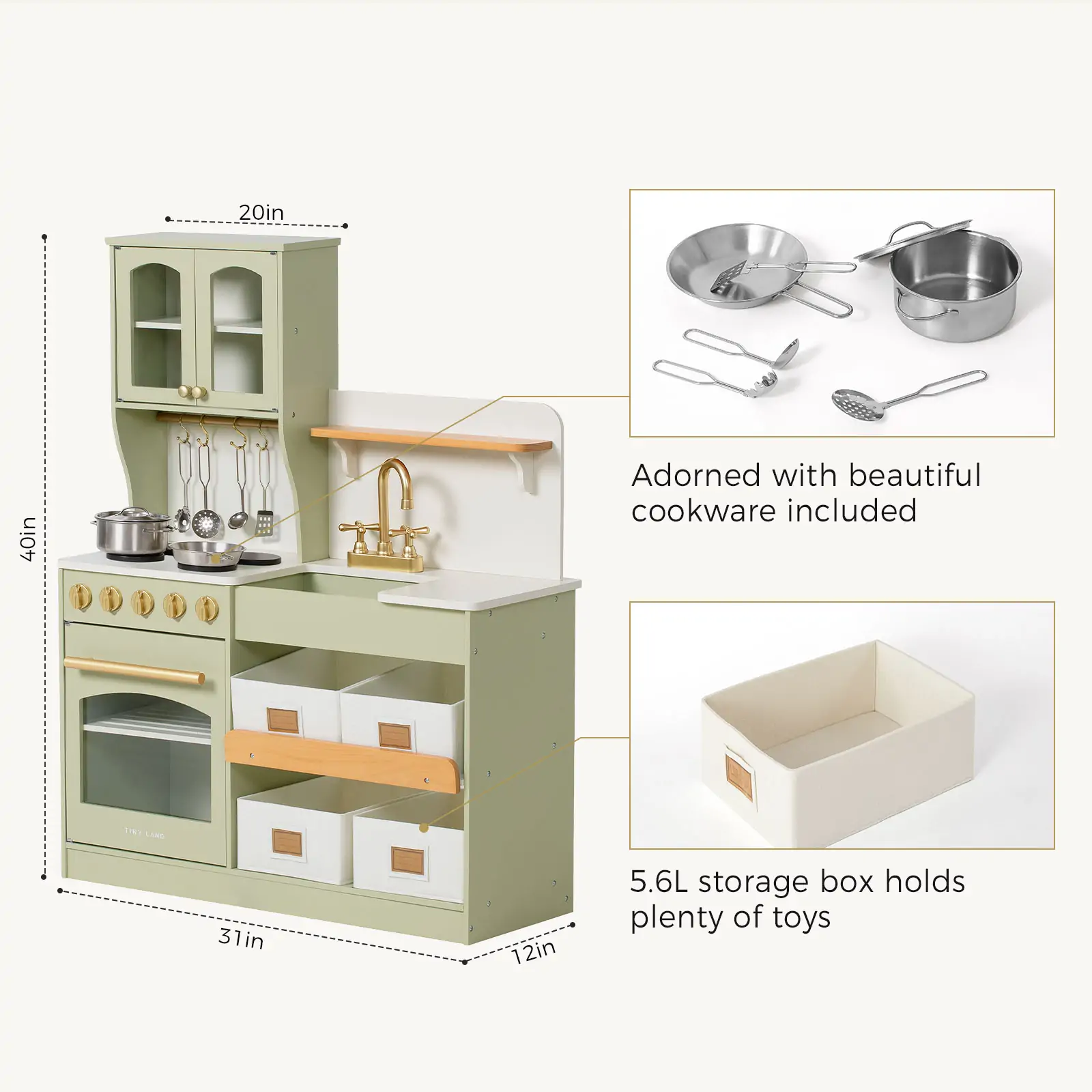 Tiny Land® Pretend Play Kitchen for Toddlers - Serenity Wooden Kitchen – Green - Image 8