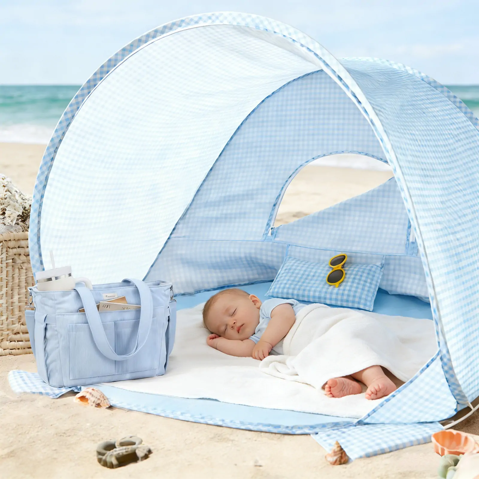 Tiny Land® One-Stop Beach Toy & Tent Set – Light Blue Gingham - Image 11