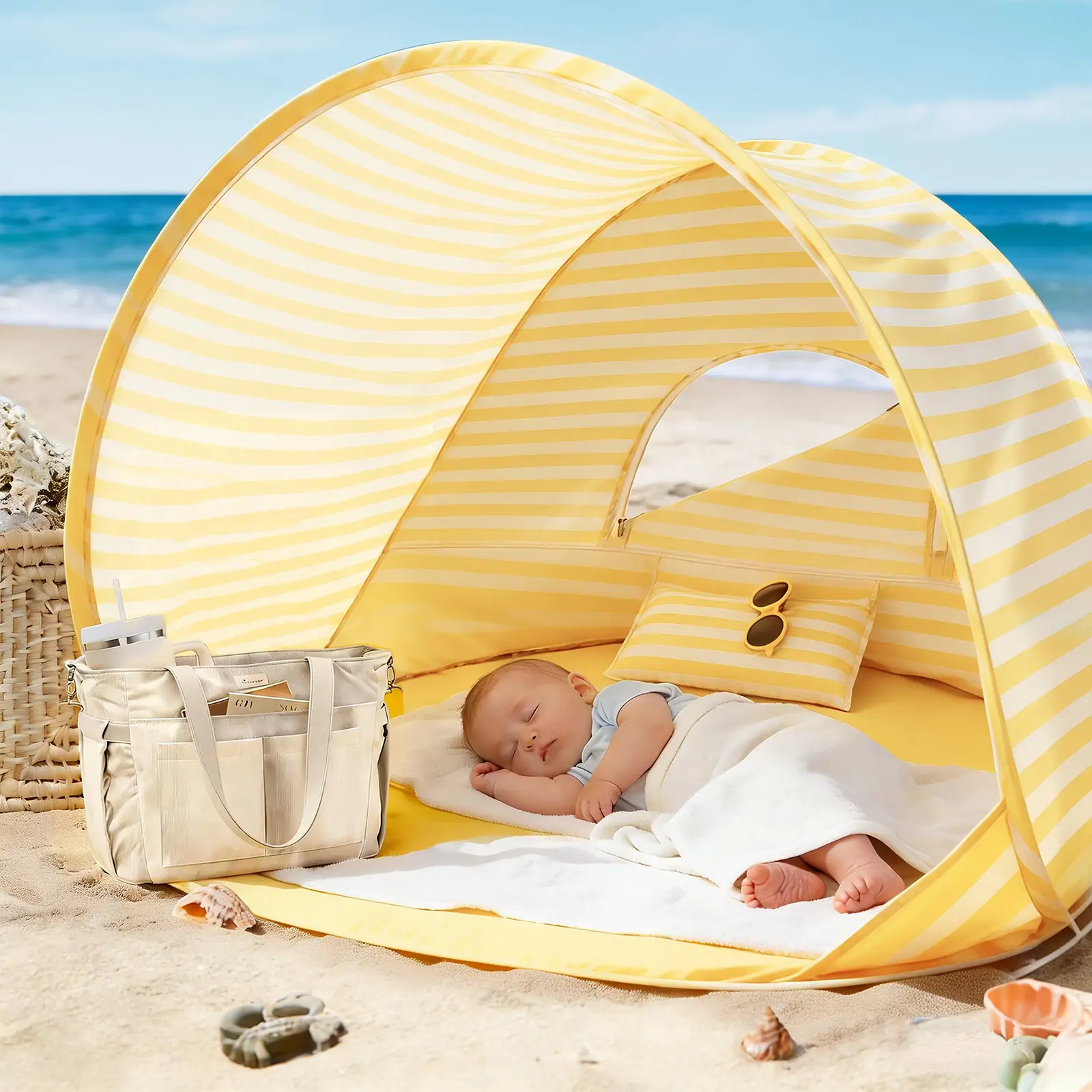 Tiny Land® One-Stop Beach Toy & Tent Set – Pastel Yellow Stripes - Image 10