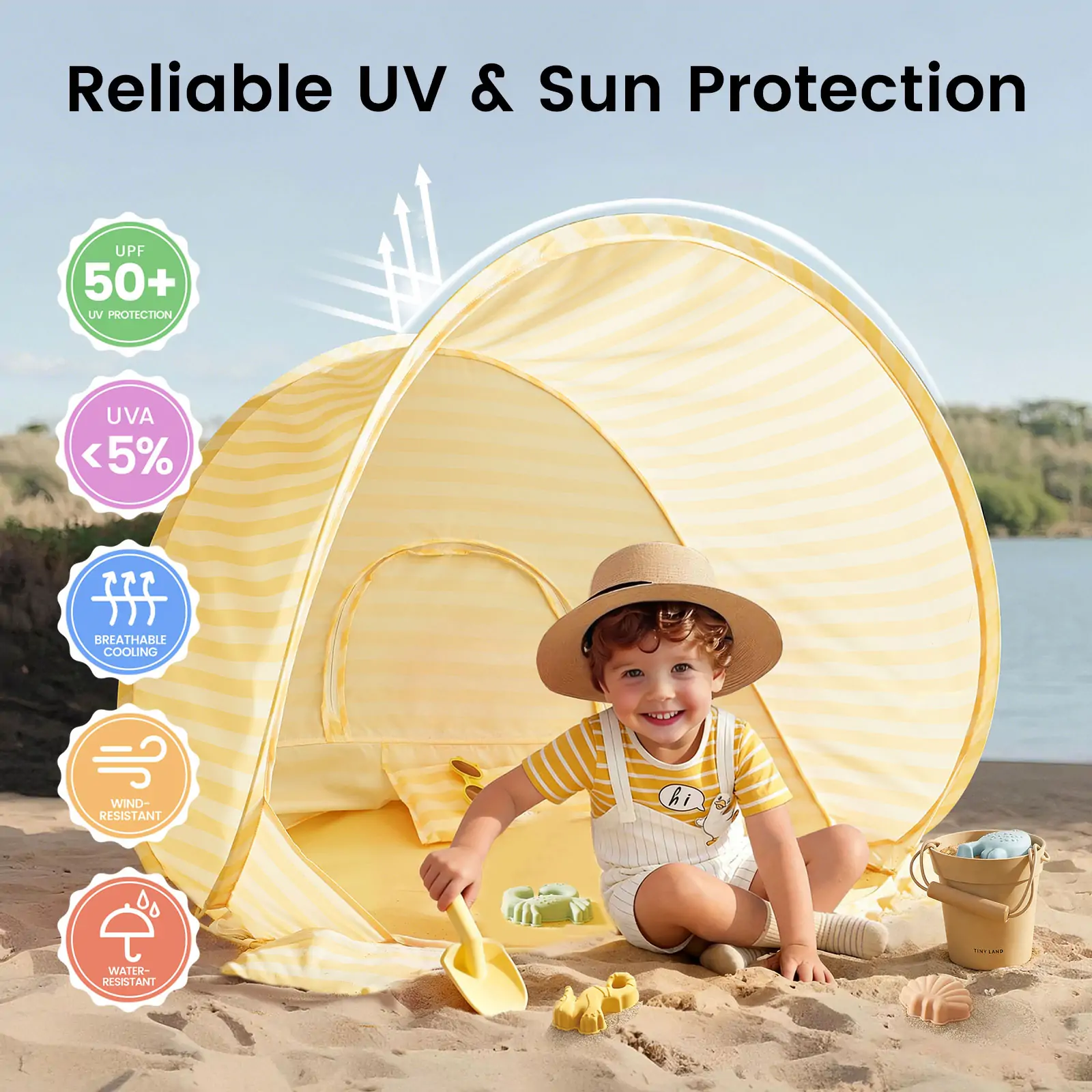 Tiny Land® One-Stop Beach Toy & Tent Set – Pastel Yellow Stripes - Image 2