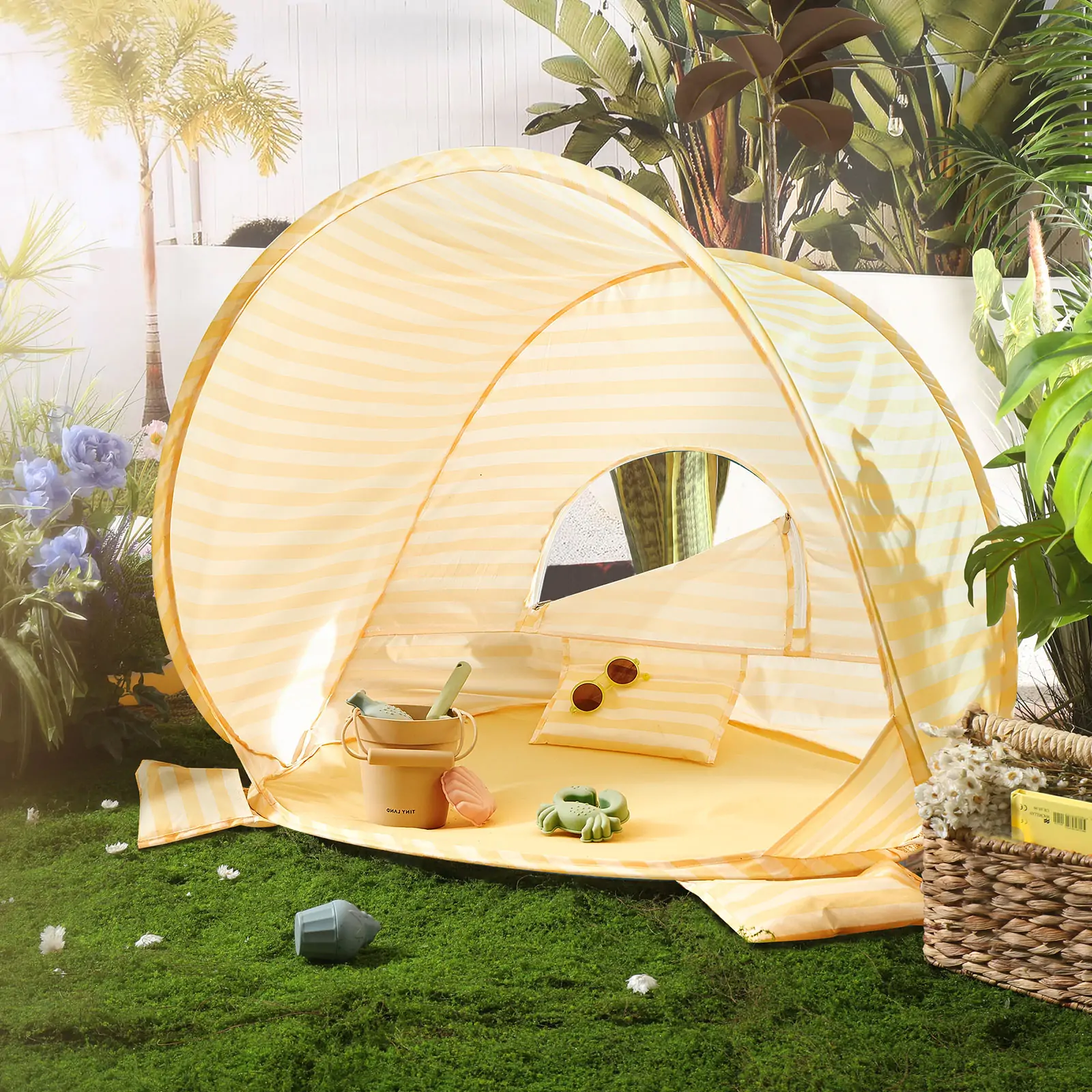Tiny Land® One-Stop Beach Toy & Tent Set – Pastel Yellow Stripes - Image 6