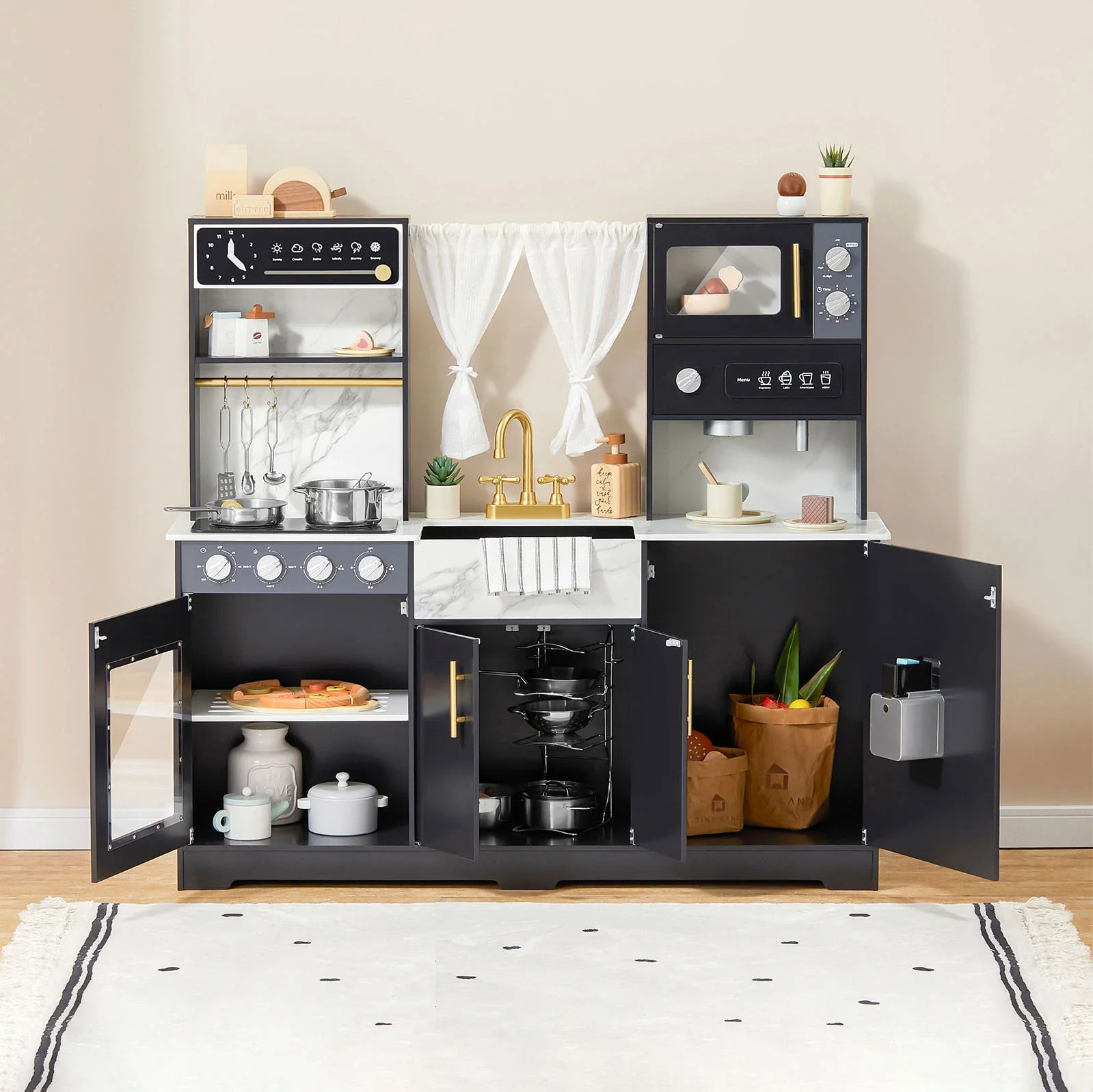 Tiny Land® Iconic Wooden Play Kitchen – Black Pretend Cooking Set for Kids - Image 4