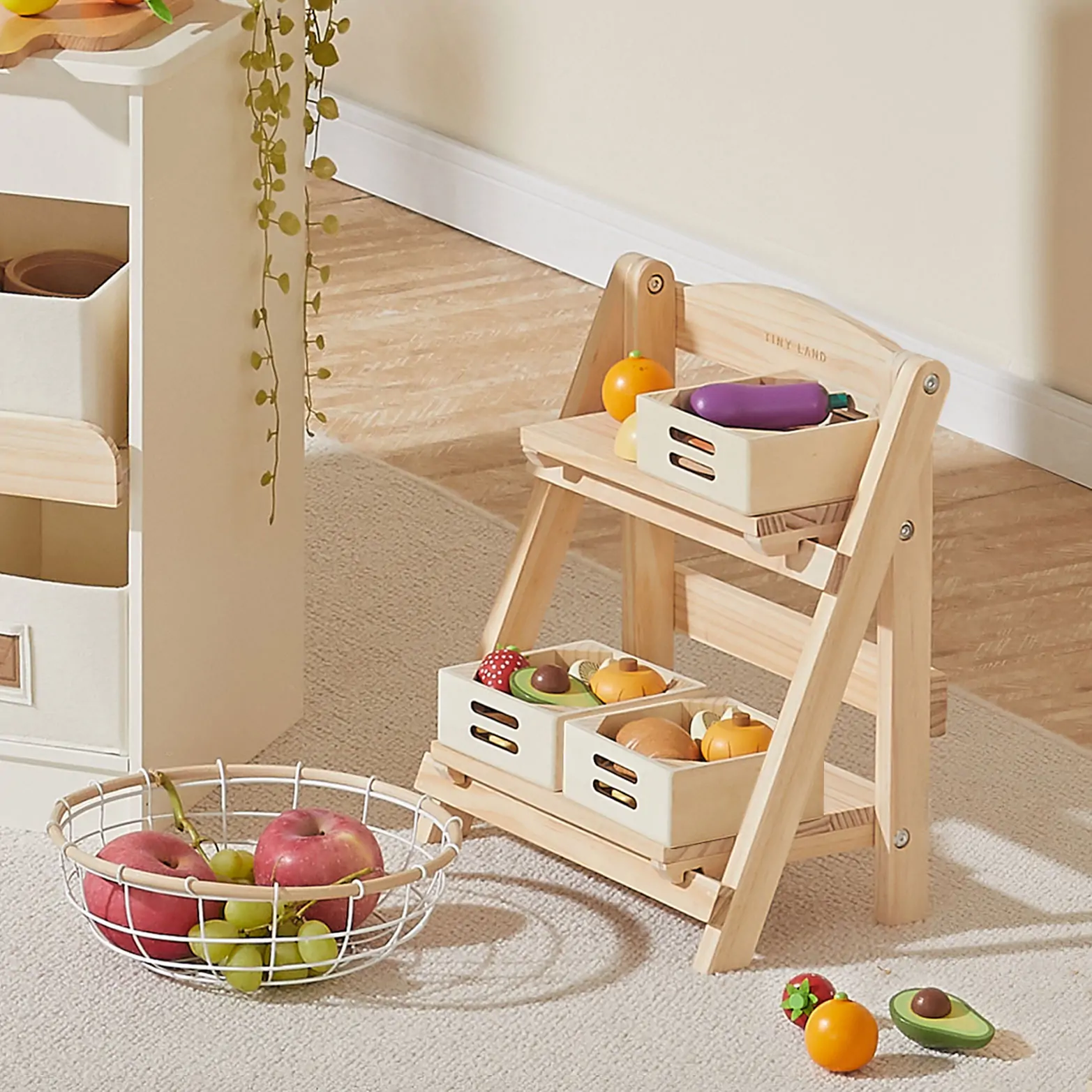 Tiny Land® Play Kitchen Accessories – Play Kitchen Food Storage: Versatile Wooden Rack for Play Food - Image 7