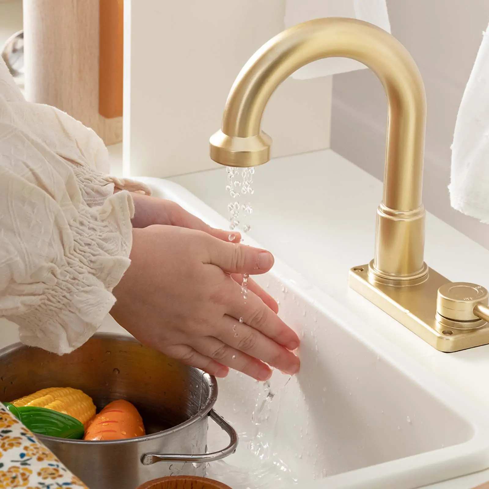 Tiny Land® Play Kitchen with Running Water - Iconic Aqua Kitchen in Cream - Image 3