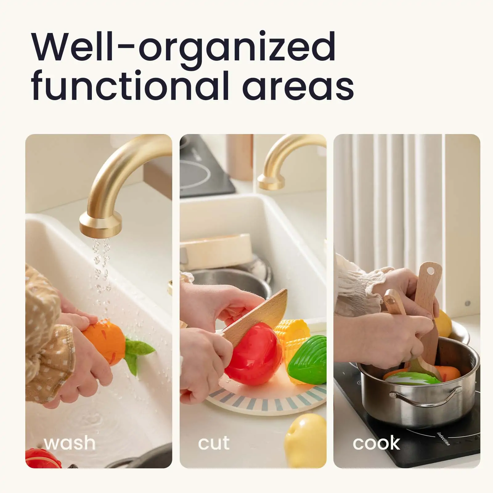 Tiny Land® Play Kitchen with Running Water - Iconic Aqua Kitchen in Cream - Image 7