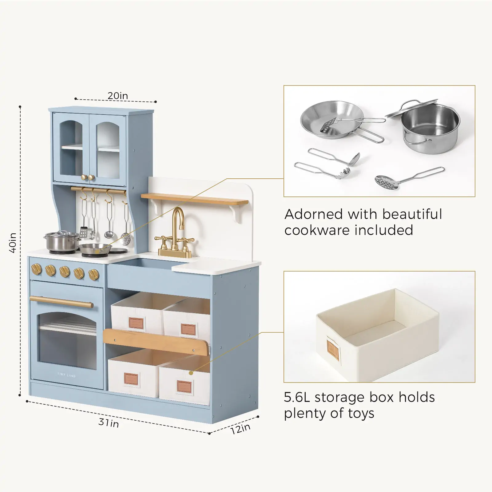 Tiny Land® Pretend Play Kitchen for Kids - Serenity Wooden Kitchen – Blue - Image 8