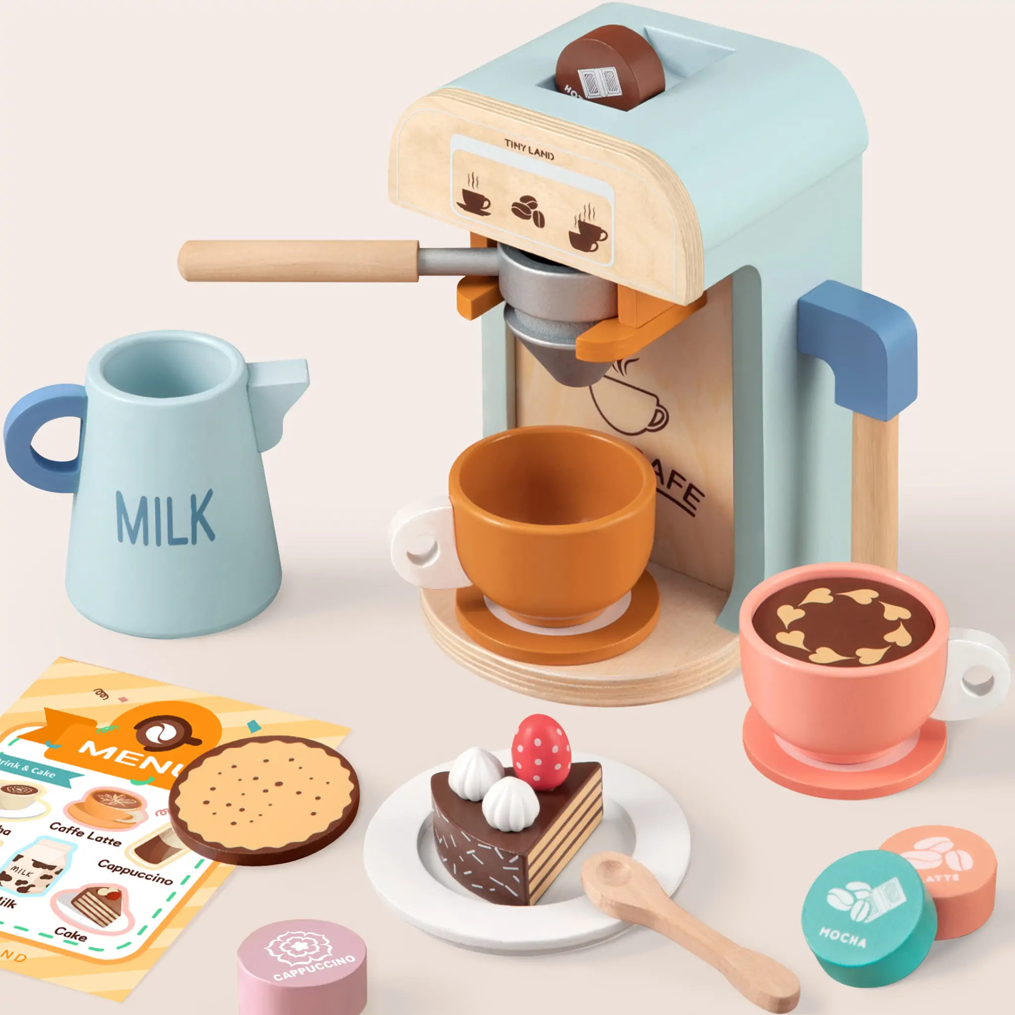 Tiny Land® Play Kitchen Accessories – Children’s Coffee Maker: Wooden Kids Play Coffee Maker Set - Image 9