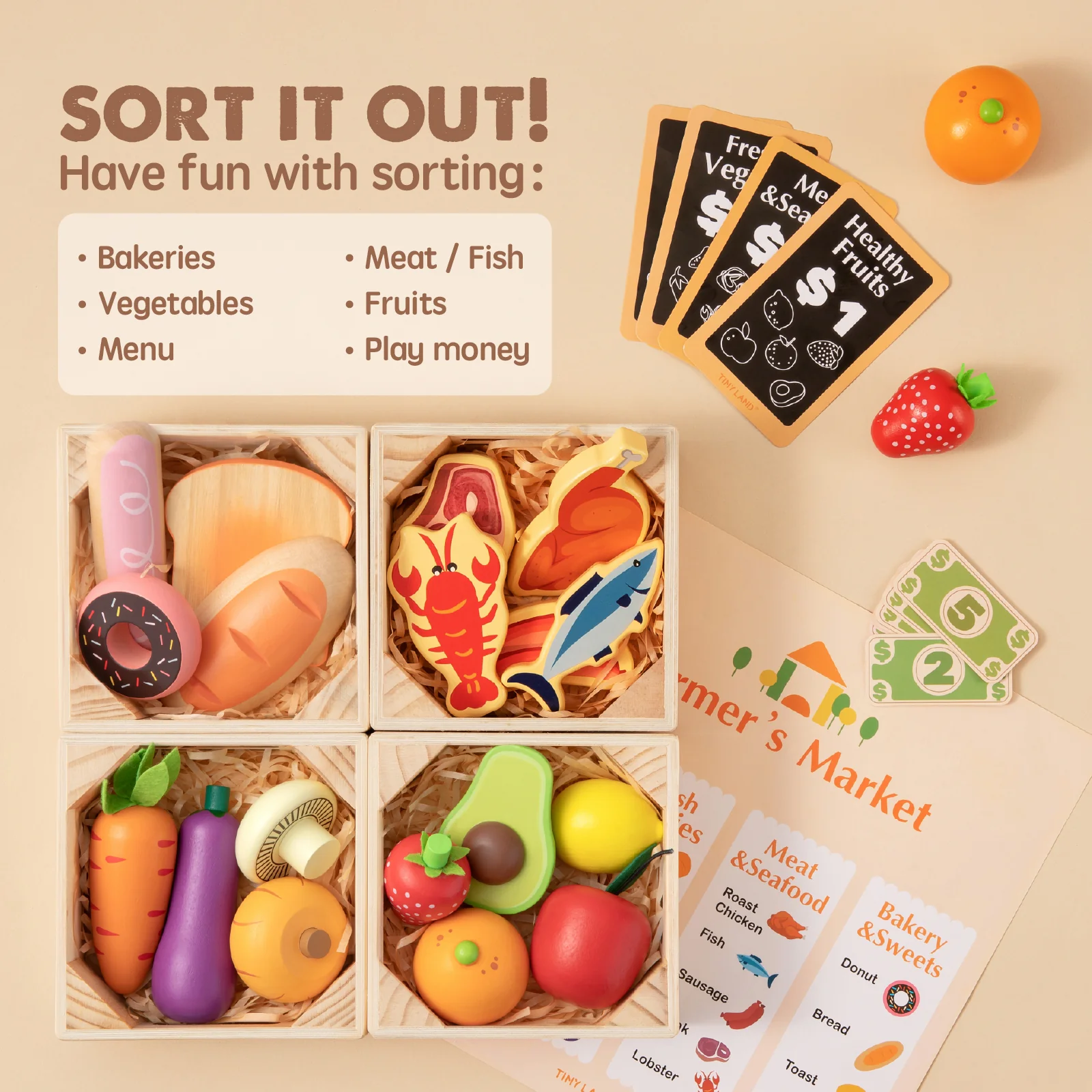 Tiny Land® Play Kitchen Accessories – Wooden Play Food for Play Kitchen: Pretend Cooking Set for Kids - Image 4