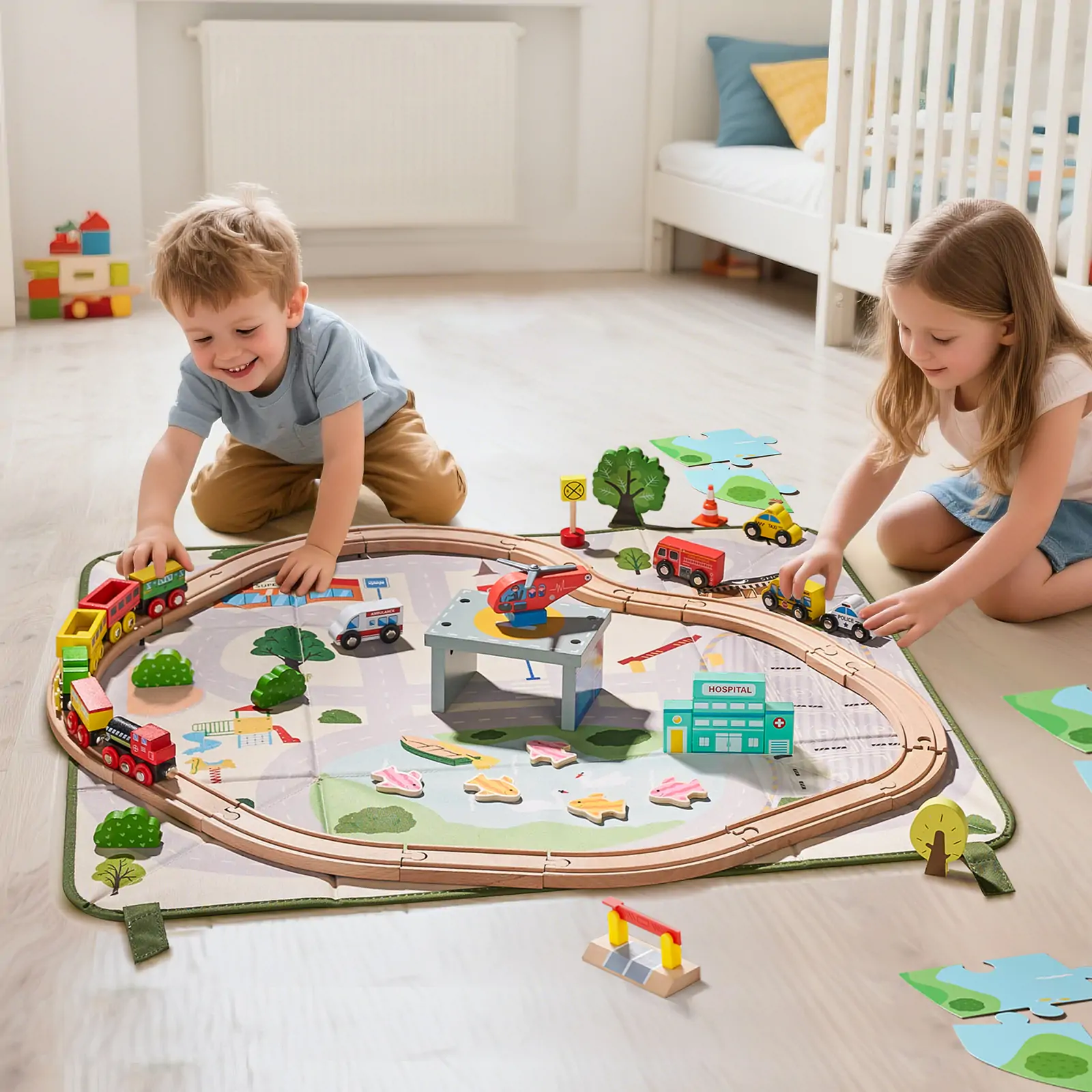 Tiny Land® 110-Piece Wooden Train Set with Folding Storage Box - Image 3