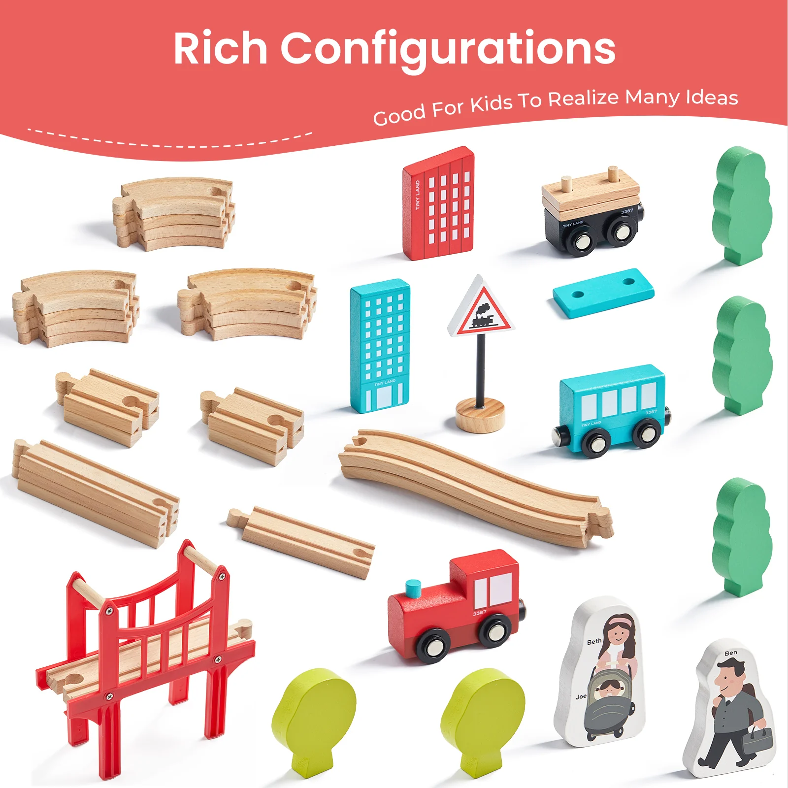 Tiny Land® Wooden Train Set for Children 39 Pcs - Image 7